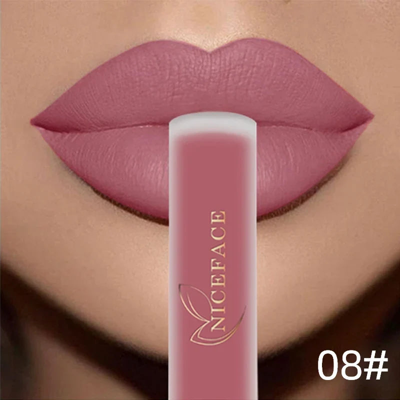 Blushimmer NICEFACE matte liquid lipstick in sexy red, nude, purple, and metallic shades, waterproof and long-lasting for bold lips.