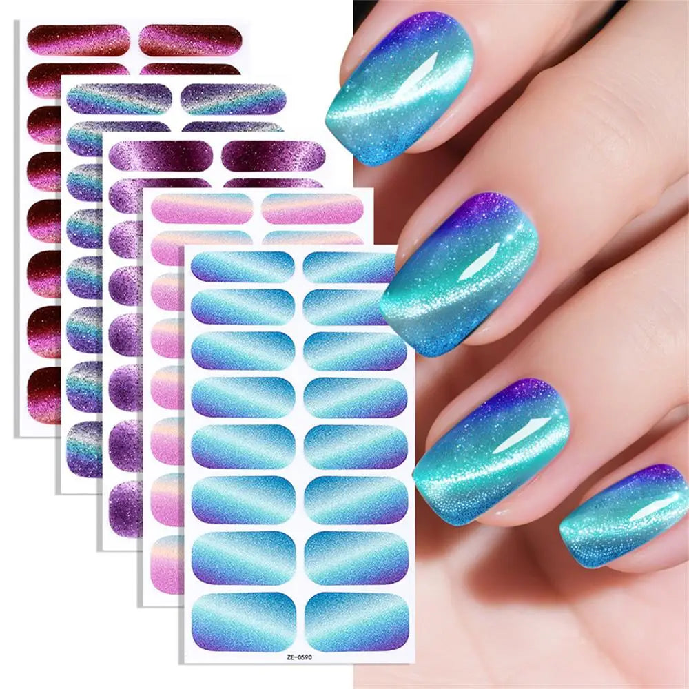 Gradient cat eye nail art stickers by Blushimmer, 16-piece set of waterproof, self-adhesive glitter false nail decals.