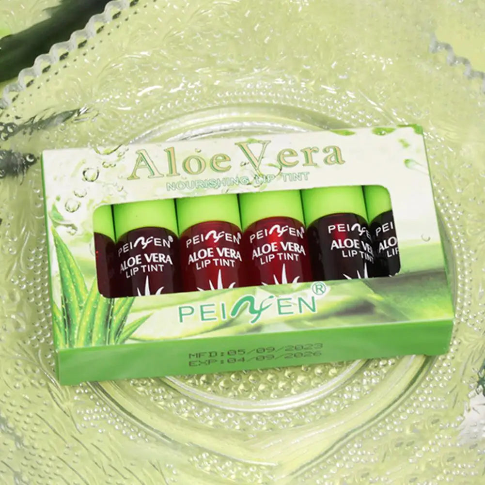Blushimmer 6-color lip tint set featuring plumping, moisturizing liquid lip gloss and cheek stain with aloe vera for a watery, multi-use look.