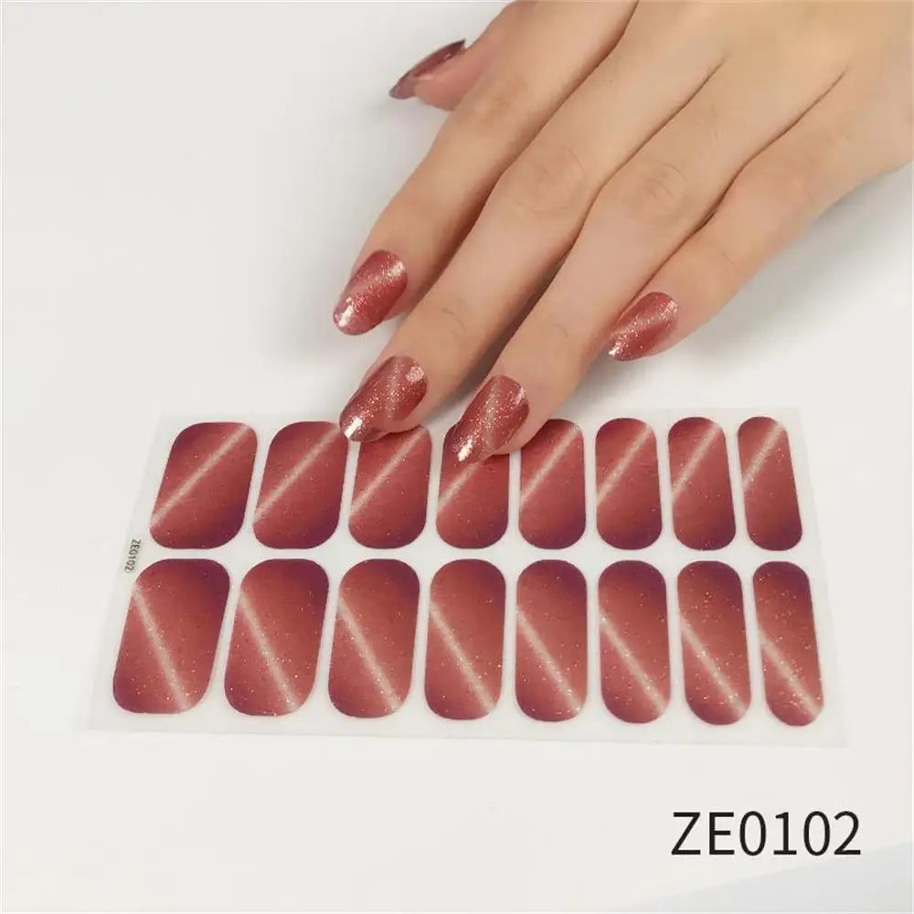 Gradient cat eye nail art stickers by Blushimmer, 16-piece waterproof glitter false nail decals with self-adhesive design.