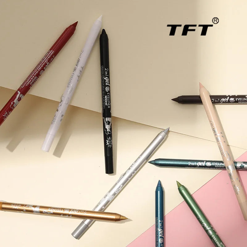 Blushimmer waterproof gel eye liner pen with vibrant blue, black, and white pigments, featuring a long-lasting, colorful makeup look.