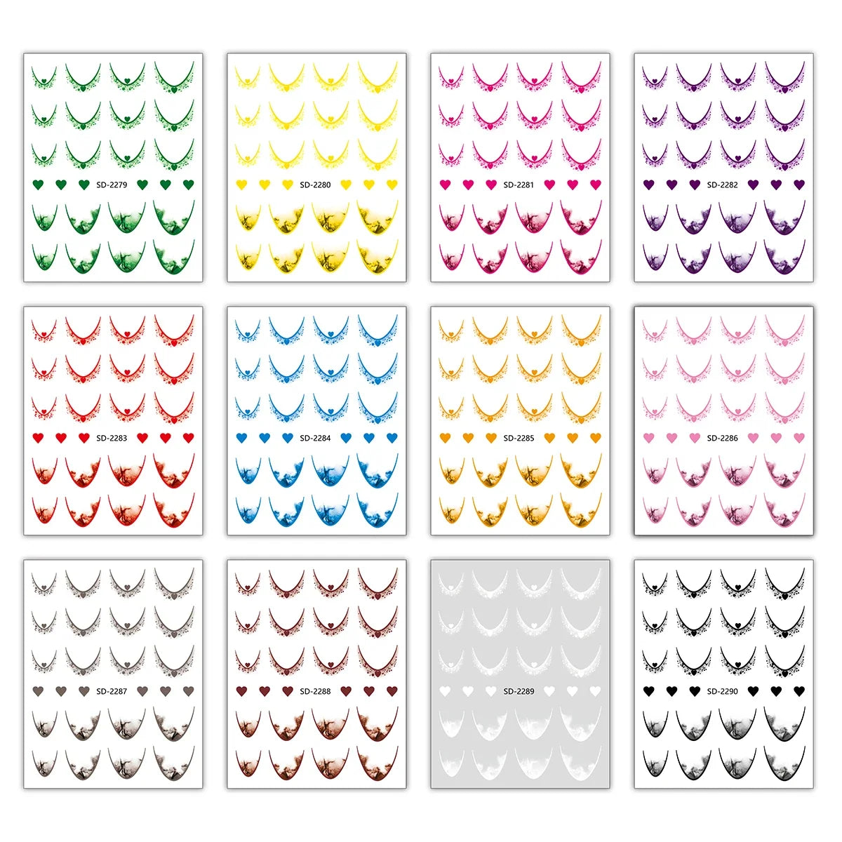 Set of 12 sheets of Blushimmer gradient French tip nail stickers with heart designs, self-adhesive decals for DIY nail art in 12 colors.