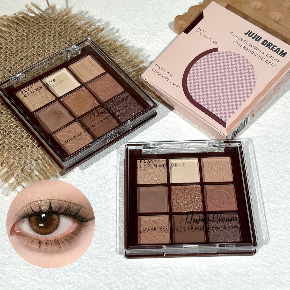 Blushimmer Chocolate Warm Brown Earth Palette with 9 matte, orange, brown, and glitter eyeshadows in a compact palette.