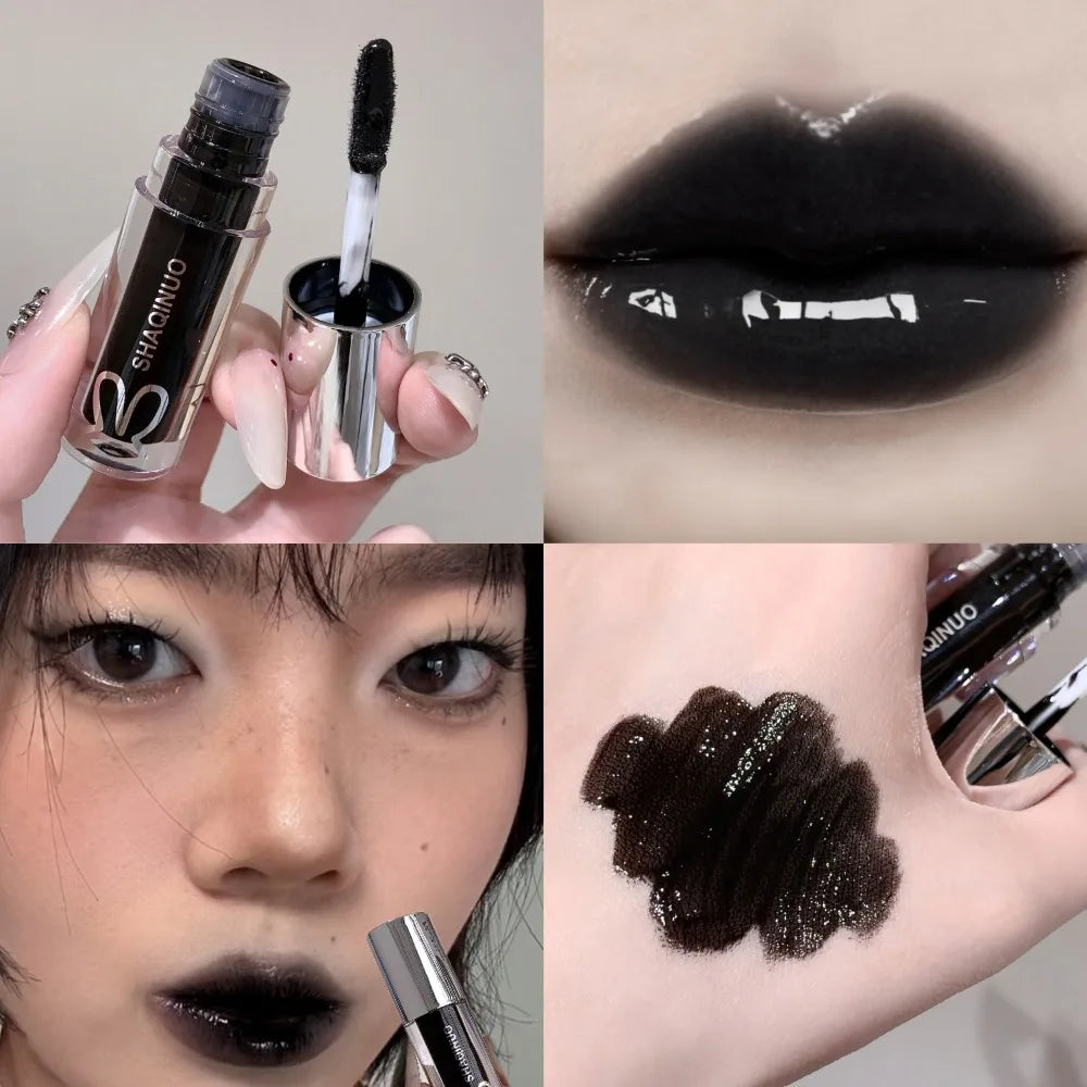 Blushimmer Black Rabbit Gothic silver metallic lip gloss with translucent, non-sticky water gloss finish on lips.