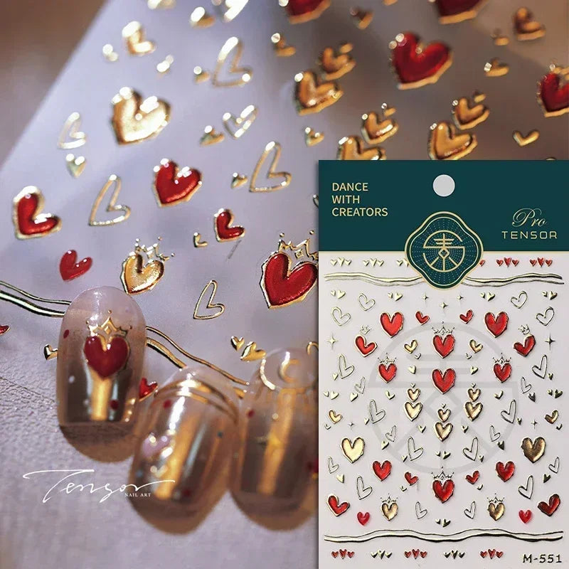 Colorful Cat's Eye 5D gradient European love heart gem nail art stickers with wing design, self-adhesive manicure decals by Blushimmer.