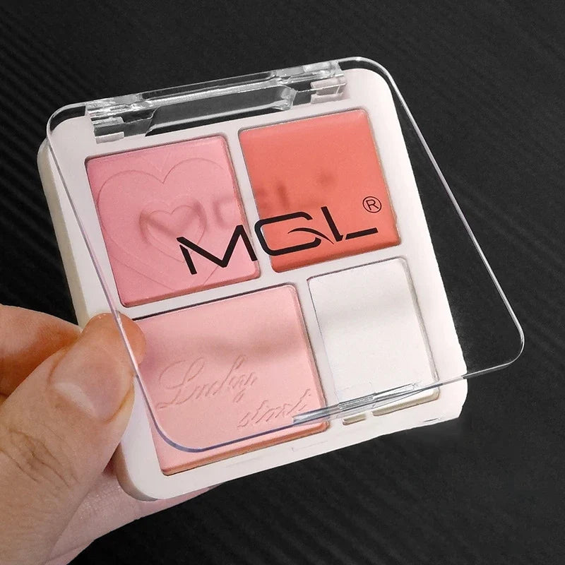 Blushimmer pink peach blush powder and cream palette with highlighter, matte face blusher, and cheek tint for brightening makeup.