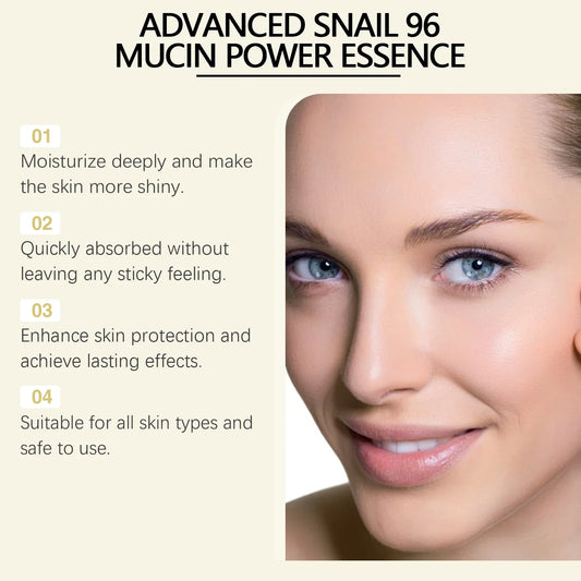 Blushimmer Snail 96 Mucin Power Essence bottle showing brightening, moisturizing, and firming skincare for smooth, youthful skin