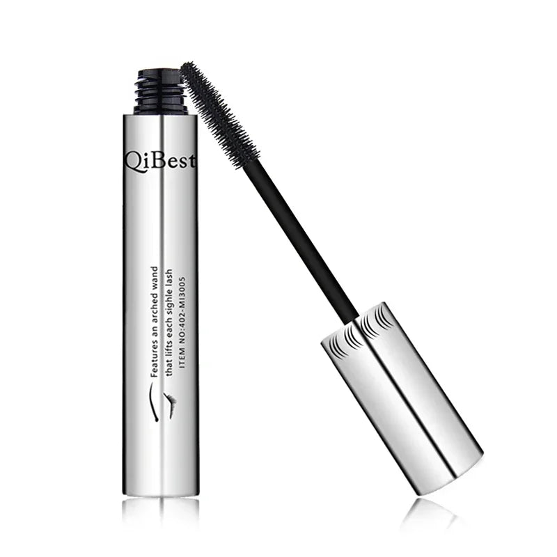 Black 4D silk fiber waterproof mascara by Blushimmer with thickening, lengthening 3D eyelash extension effect, shown on a makeup model