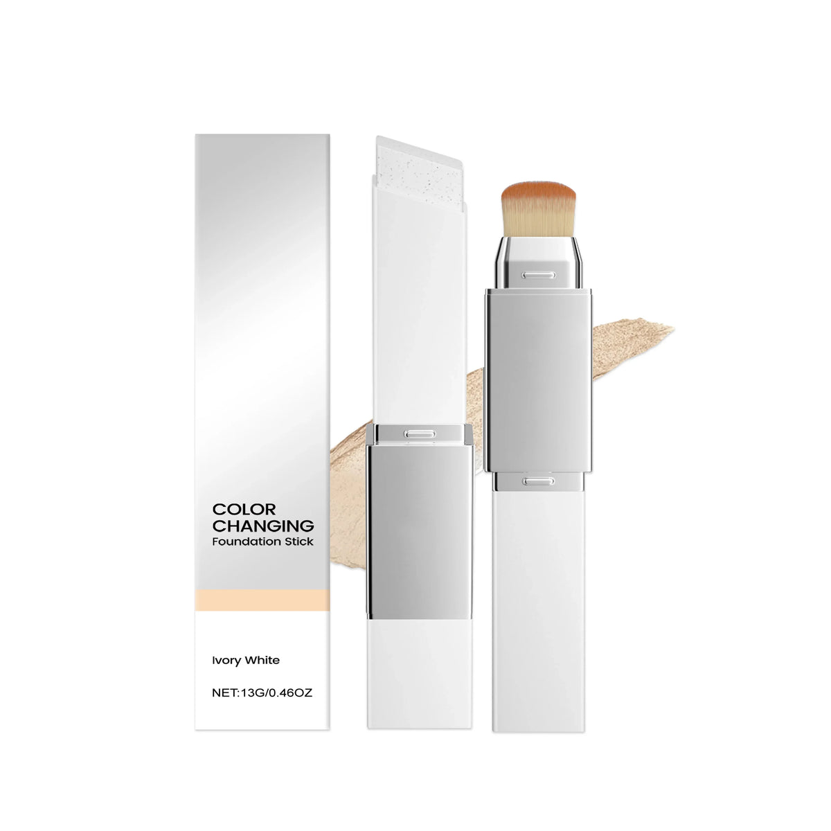 Blushimmer 2-in-1 color-changing foundation stick with double head brush, lightweight liquid base, brightening matte finish, makeup product