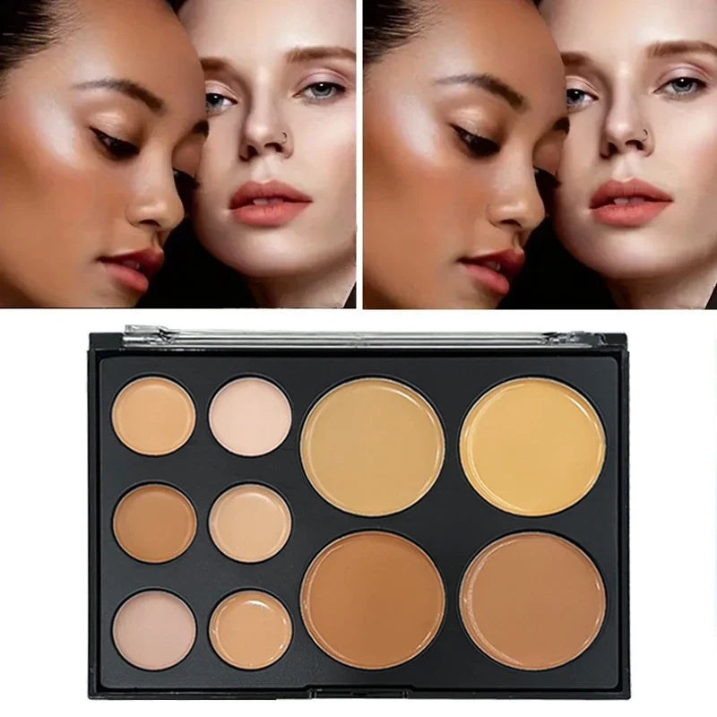 Blushimmer 10-color concealer palette with matte shades for dark circles, eye repair, contouring, and tattoo coverage in a makeup compact.