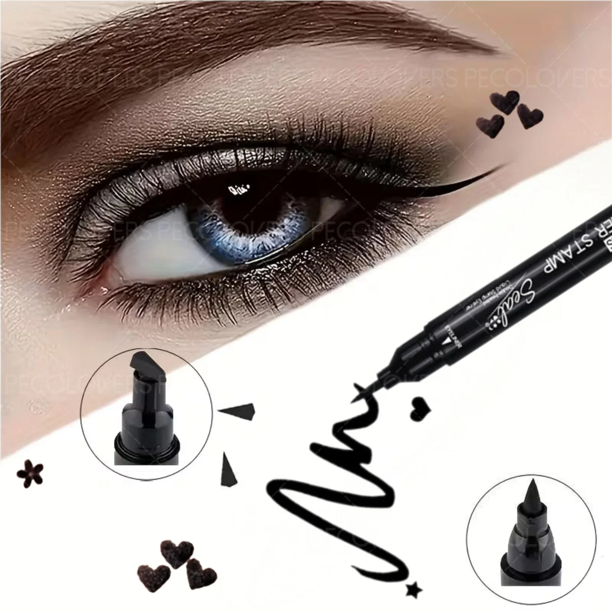 Blushimmer liquid eyeliner stamp with waterproof gel felt tip, featuring heart, star, triangle, and flower shapes for creative eye makeup.