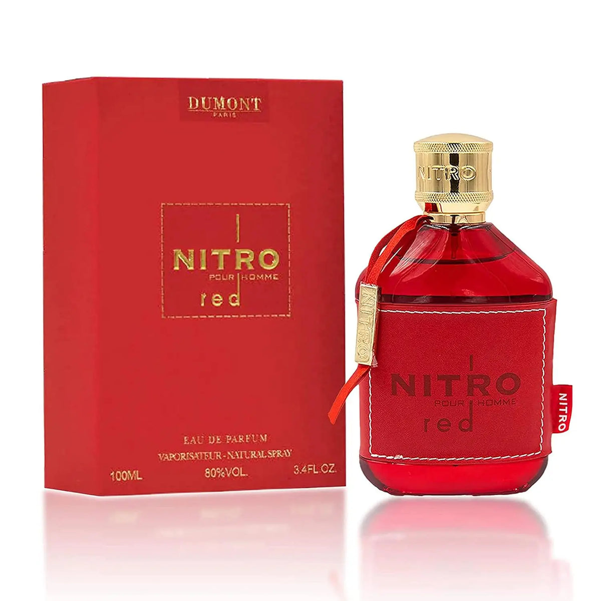 Dumont NITRO RED Eau De Parfum for men by Blushimmer, 3.4oz bottle, featuring a fruit, woody, floral, masculine fragrance.