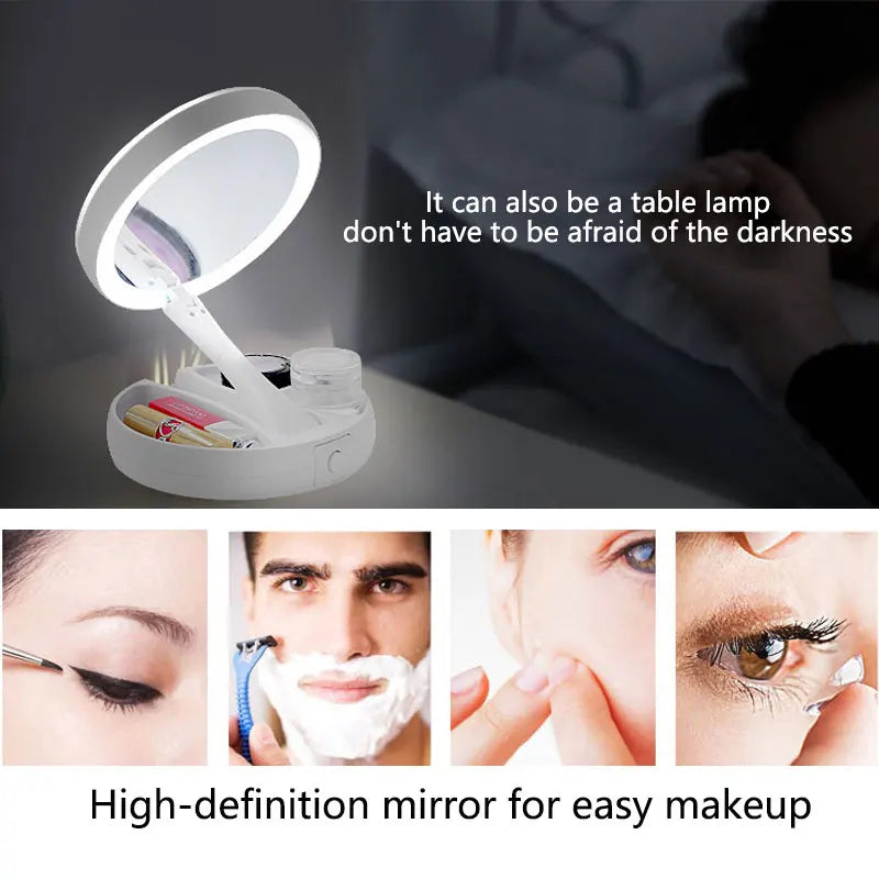 Blushimmer 10x magnifying LED vanity mirror with flexible foldable desk design and built-in lighting for detailed makeup application.