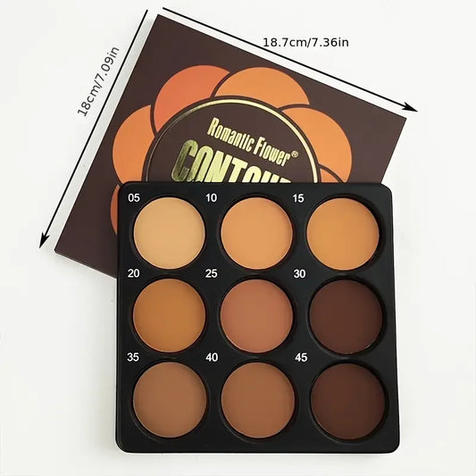 Dark bronze foundation palette with 9 colors for contouring, concealing, setting, and highlighting, featuring matte and glitter finishes.