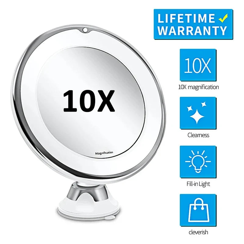 Flexible Blushimmer 10x magnifying vanity mirror with LED lights, touch screen control, portable design, and suction cup for makeup.