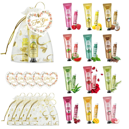 Blushimmer 12-piece gift set with hand creams, lip balms, love net bag, and thank you card, perfect for friends and holidays