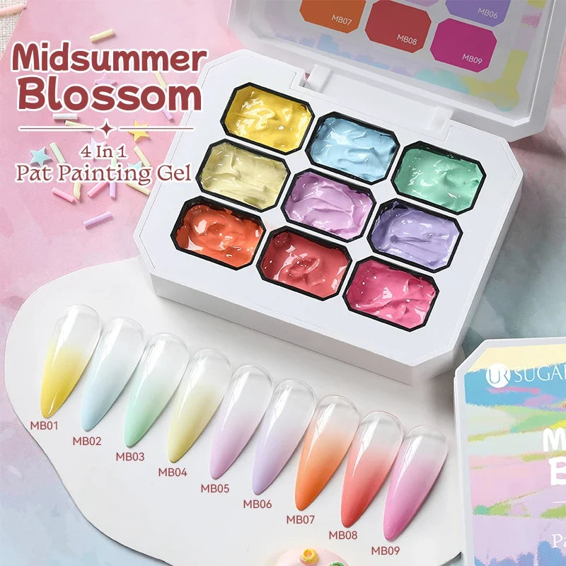 Blushimmer UR Sugar 9-color gradient gel for nail art, showing vibrant color blends and smooth application on nails.