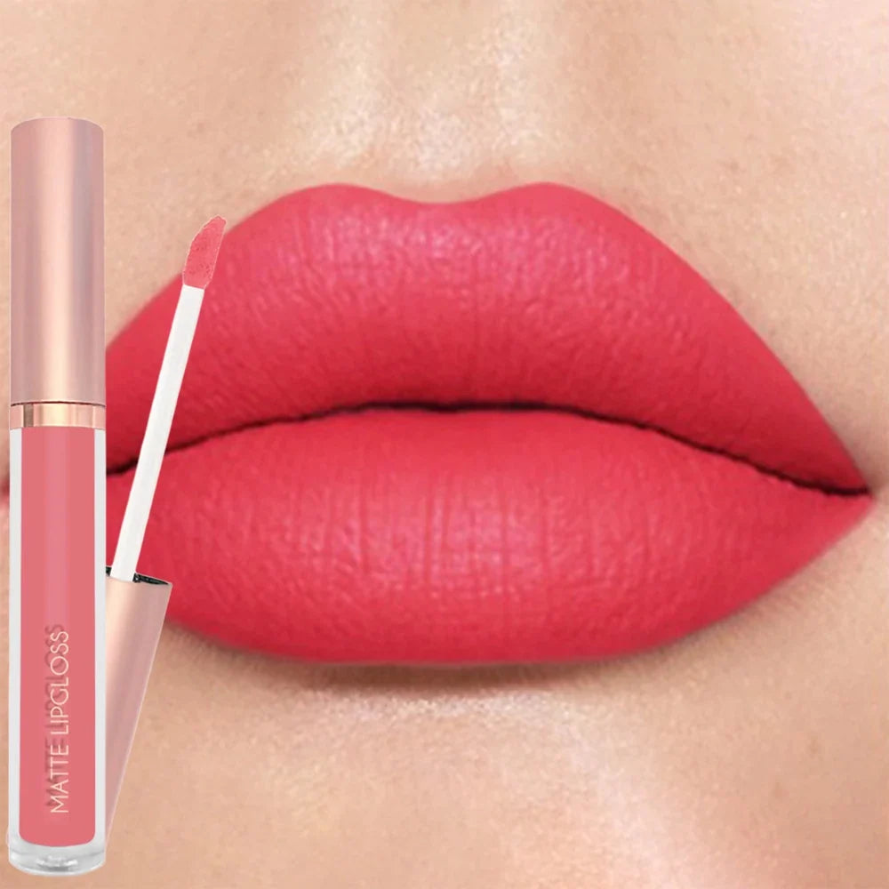 Blushimmer 12-color creamy matte lip gloss palette featuring long-lasting, moisturizing nude, berry, and rose shades for plump lips.