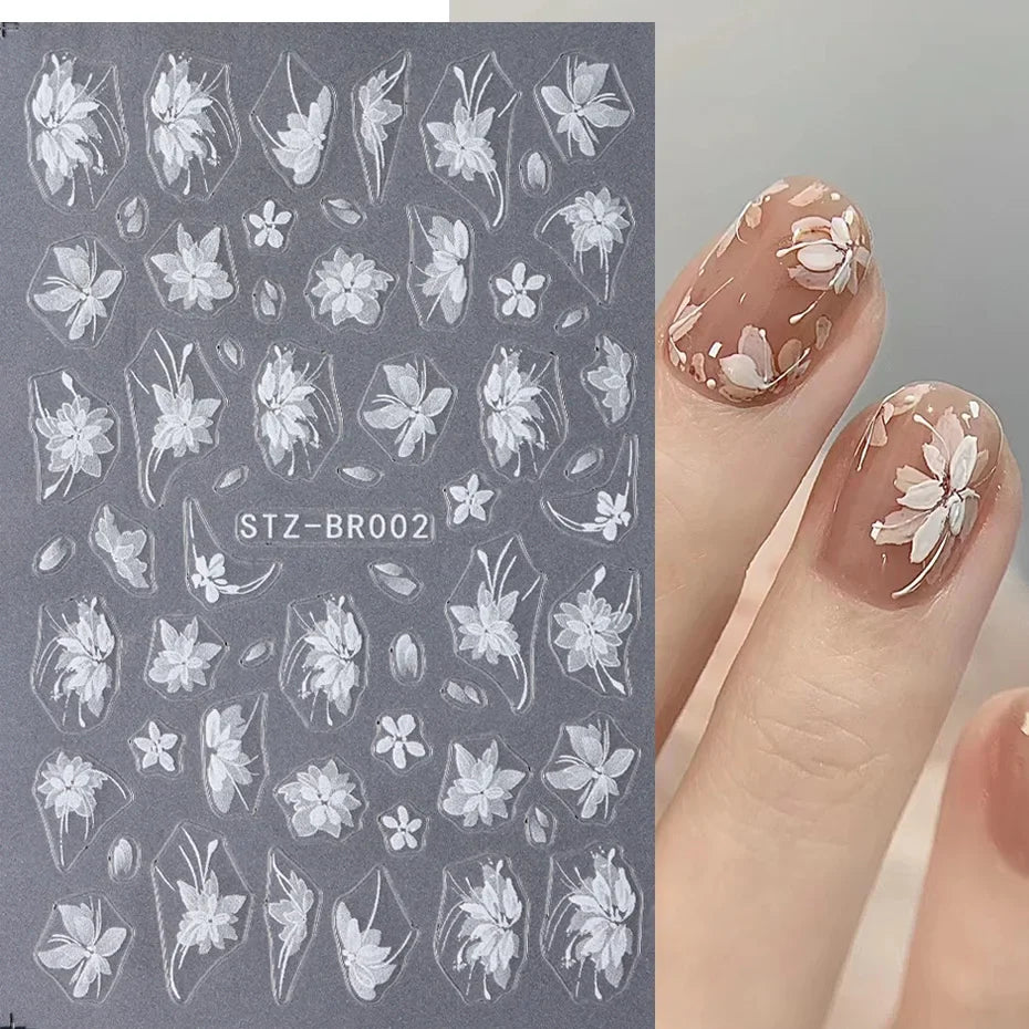 Blushimmer 3D white flower nail art stickers with cute floral designs, acrylic decoration decals for DIY nail charms and adhesive accessories.