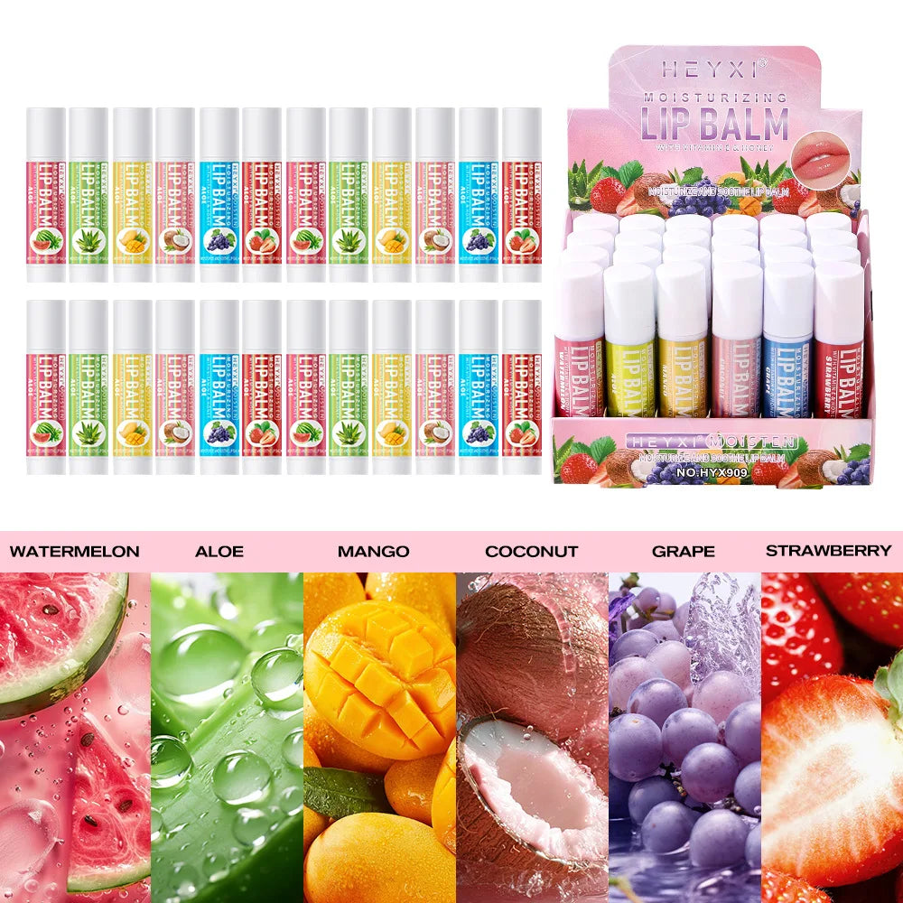 Set of 24 Blushimmer fruit-flavored lip balms with natural moisturizing and hydrating formula for soft, non-sticky, anti-crack lips.