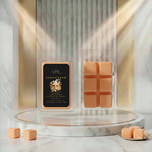 SAHC Seduction wax melts with cube-shaped pieces, designed for home fragrance and aromatic scent diffusion.