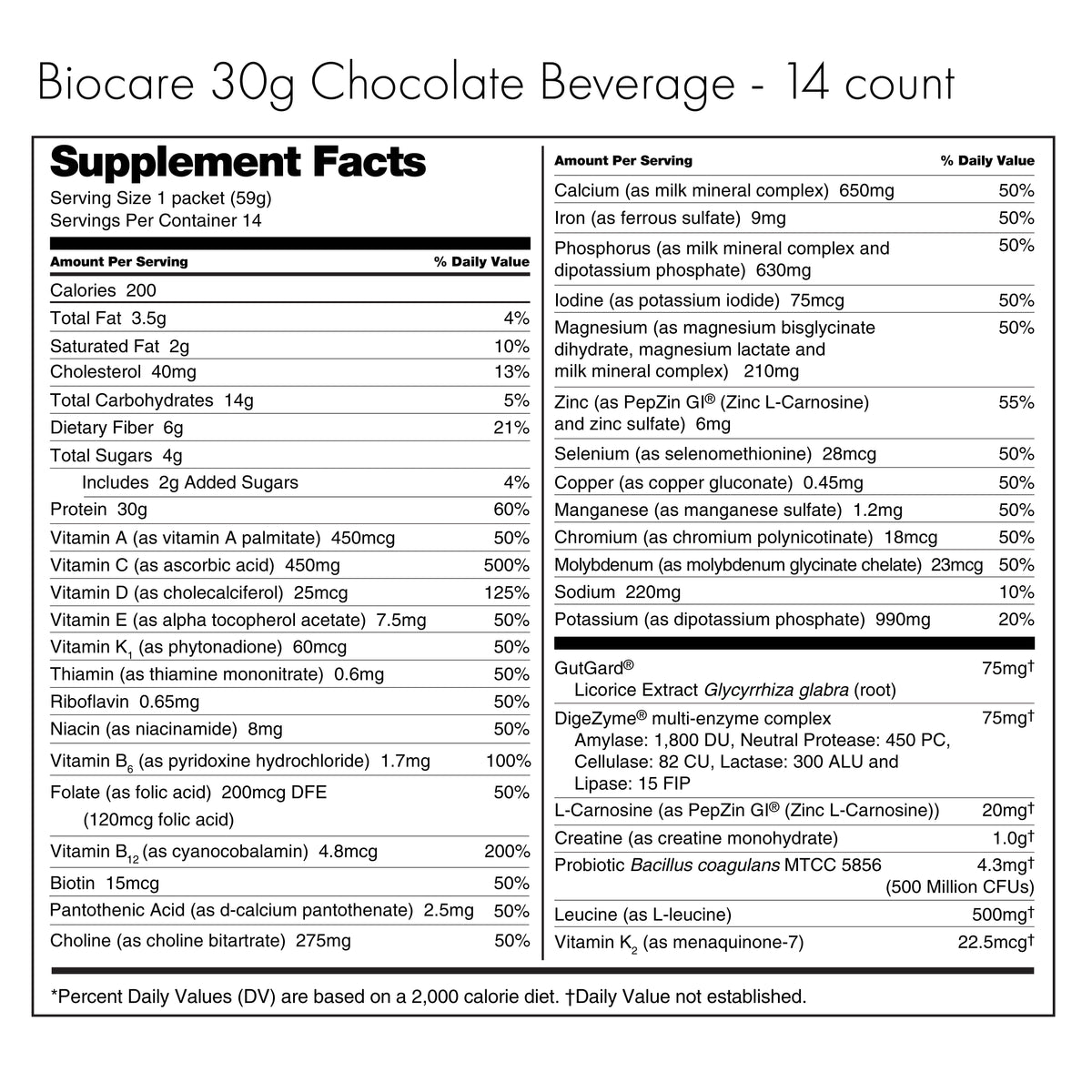 Biocare 30G Protein Chocolate Dietary Beverage powder in a jar, 14 servings, with a focus on the chocolate flavor and packaging.