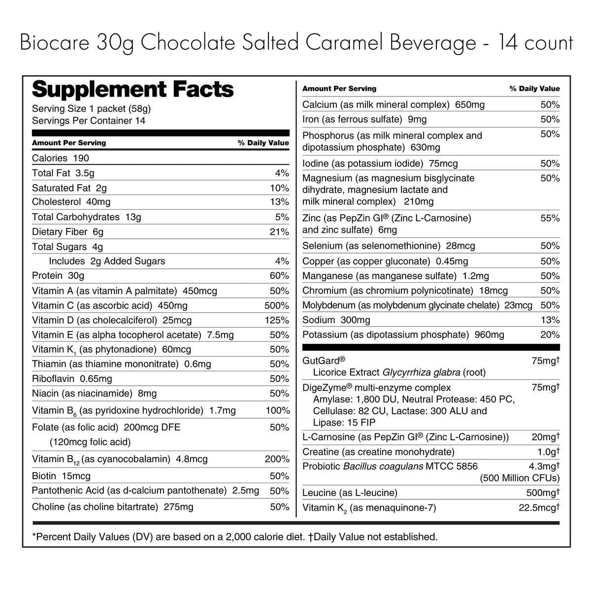 Biocare 30G Protein Chocolate Salted Caramel dietary beverage powder with 14 servings, showing the packaging and scoop.
