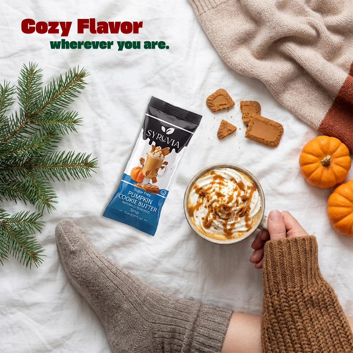 Sugar-free pumpkin cookie butter syrup pouches by Syruvia, featuring pumpkin-flavored syrup in convenient pouch packaging.