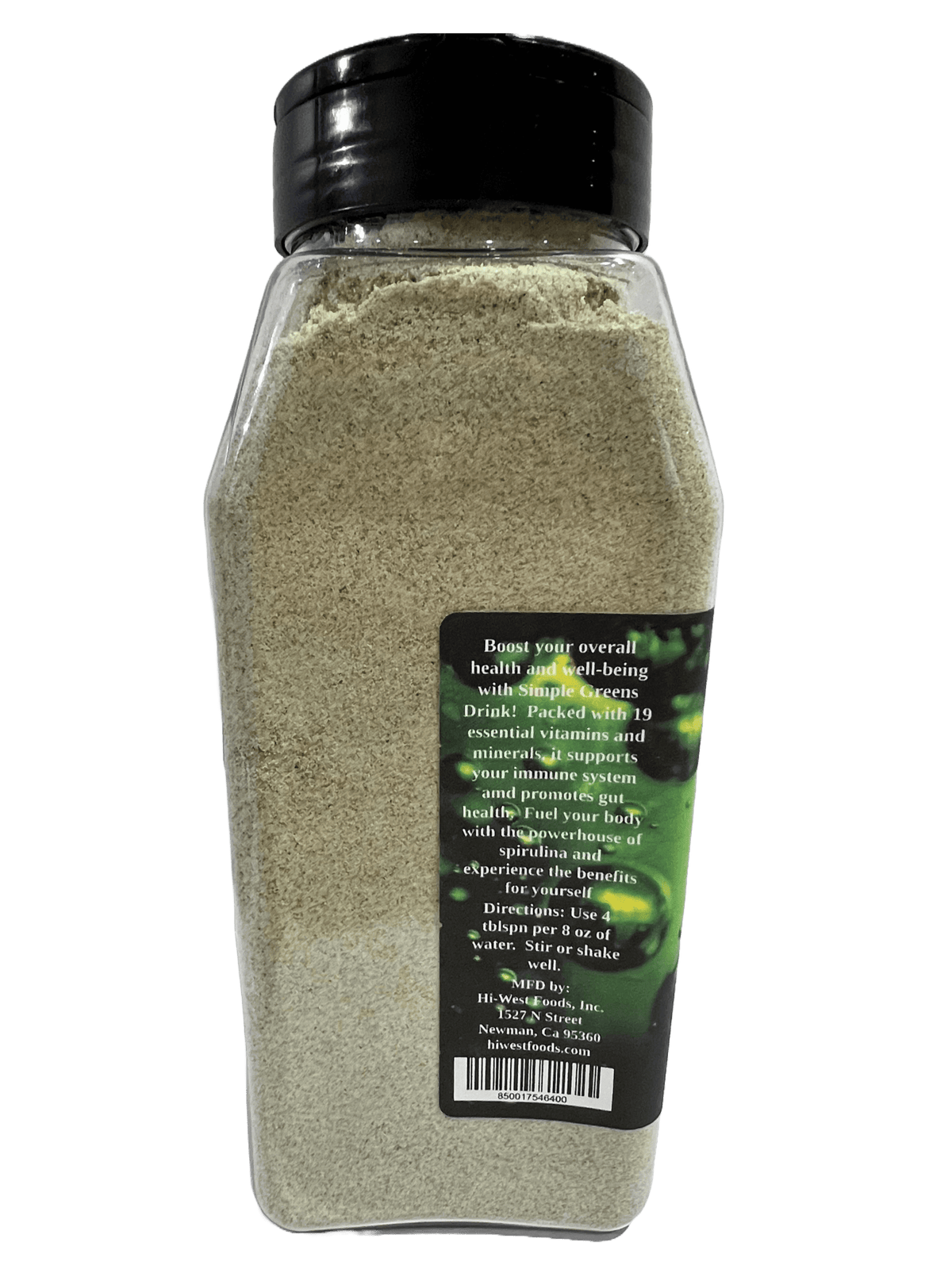 Hi-West Simple Greens drink mix in a green powder container, with fresh green vegetables and ingredients displayed around it.