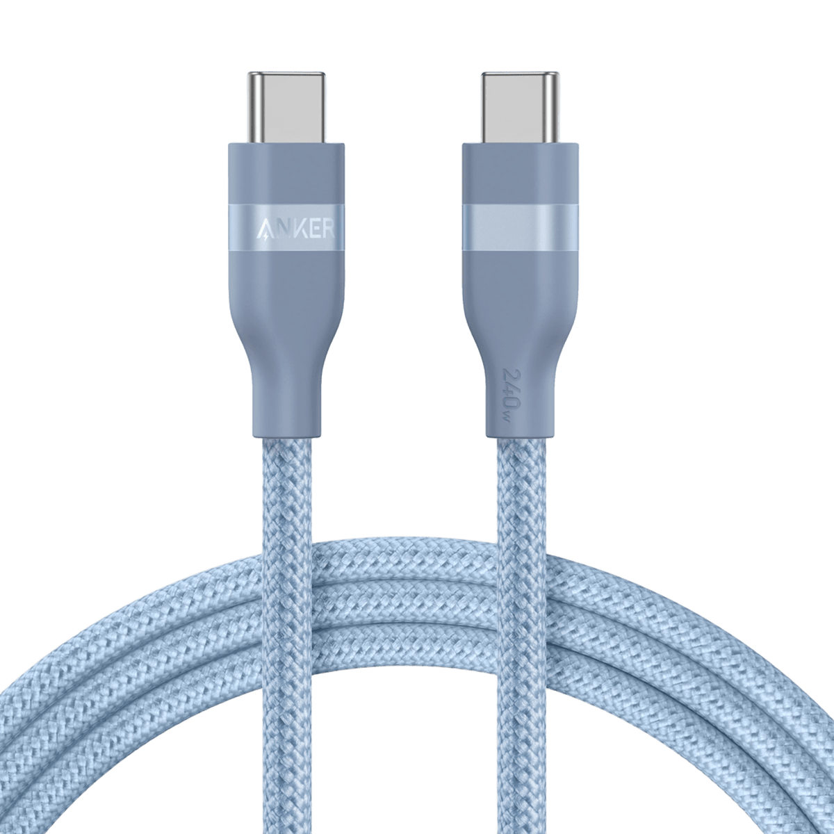 Anker 6ft blue USB-C to USB-C cable with upcycled braided design, supports 240W charging for compatible devices.