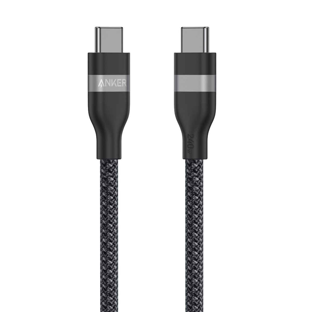Anker USB-C to USB-C cable in black, 3 ft length, upcycled-braided design, supports 240W charging, shown coiled and connected.