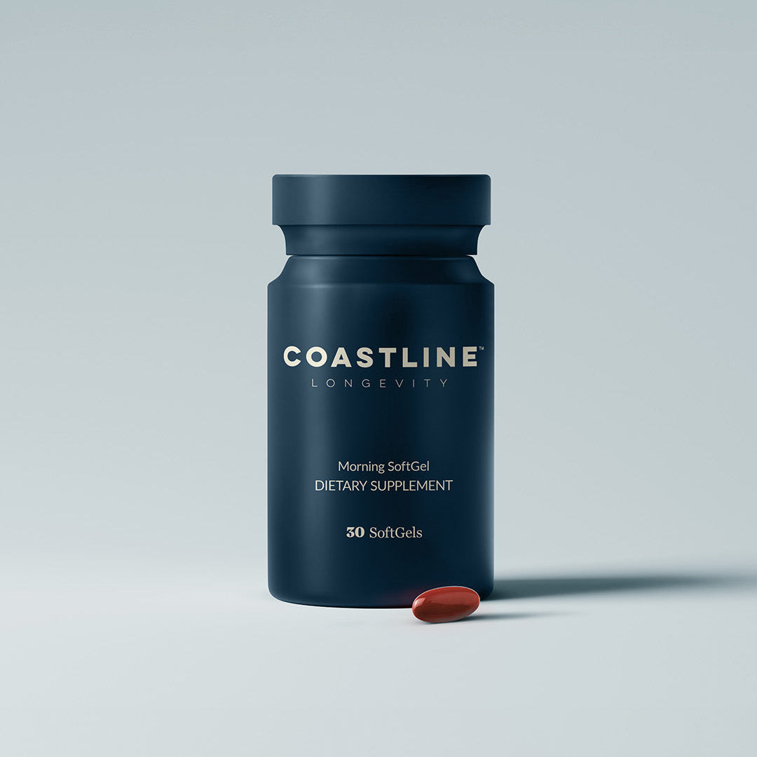 Coastline Longevity Daily Essential CoQ10 softgel bottle with capsules in clear container, antioxidant supplement for energy support.