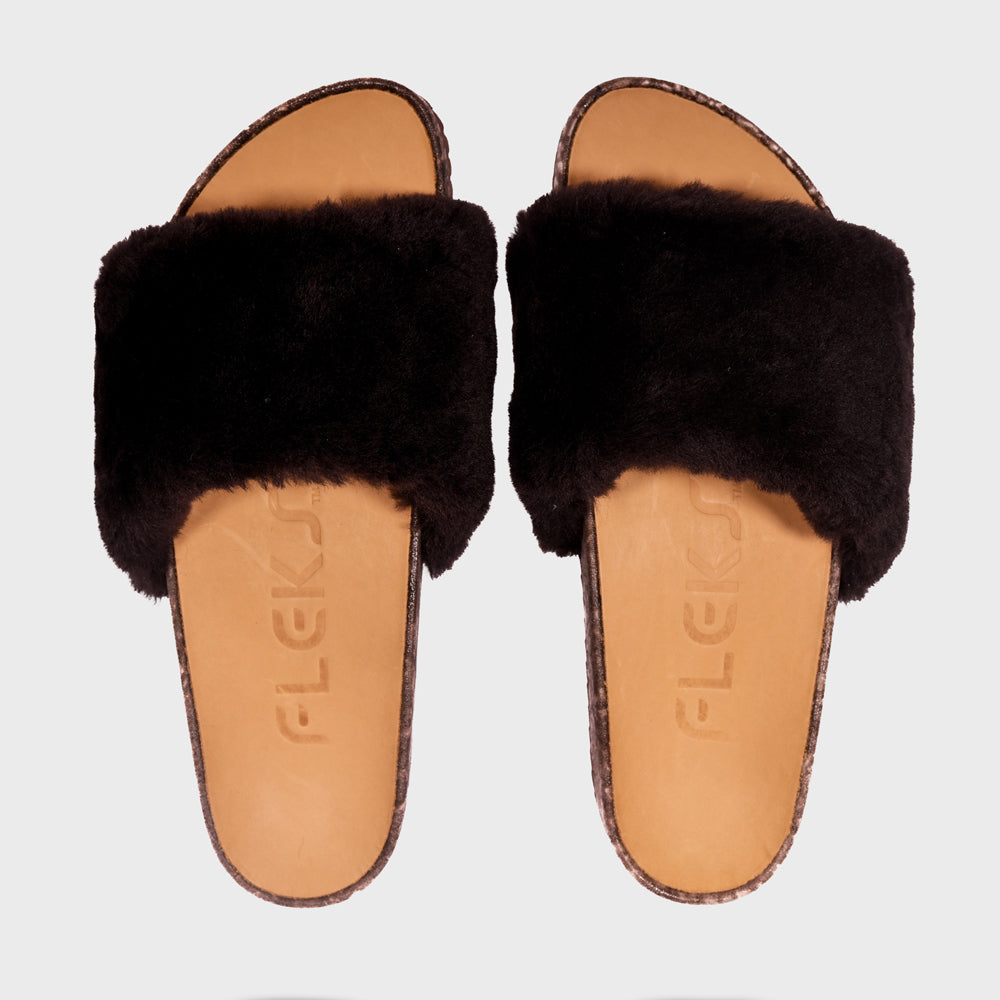 Fleks San Ysidro Slide in espresso color, featuring a stylish and comfortable slip-on sandal with a smooth top-down view.