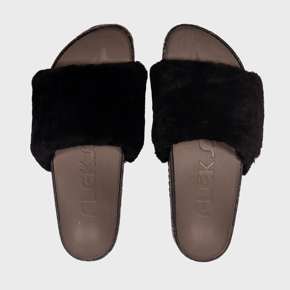 Fleks San Ysidro Slide in Raven color, top-down view showcasing sleek design and comfortable slide footwear.