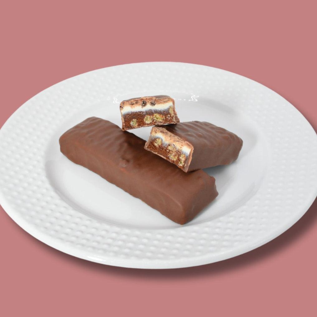 AmBari Nutrition S'mores chocolate marshmallow protein bar with graham cracker pieces and gooey marshmallow filling.