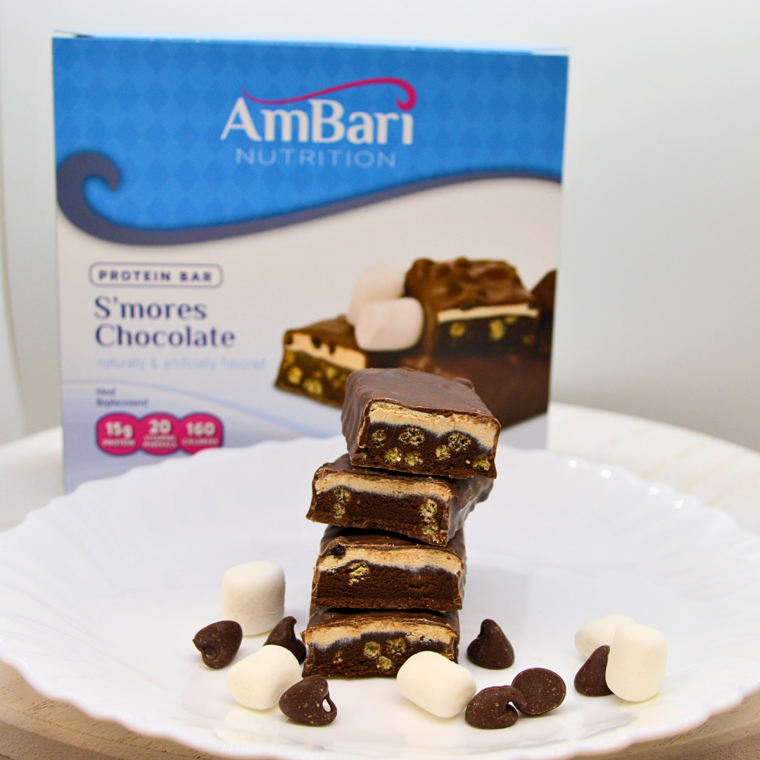 AmBari Nutrition S'mores chocolate marshmallow protein bar showing a bar with chocolate, marshmallow, and graham cracker layers.