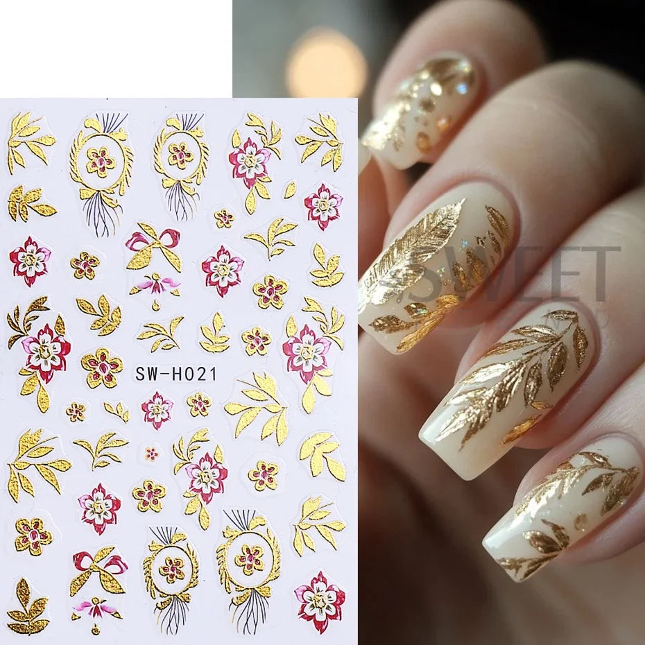 5pcs Metallic Gold Line Flower Nail Stickers 3D Bronzing Border Petals Sakura Leaf Nail Decals Slider DIY Elegant Manicure Decor