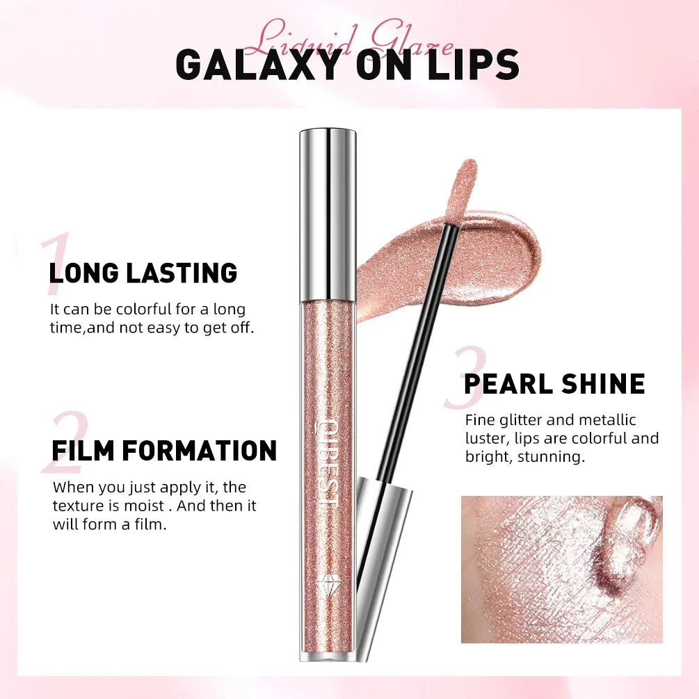 Blushimmer QIBEST Diamond Liquid Lipstick with 6 colors, moisturizing, long-lasting, waterproof lip gloss with gray sparkle finish.