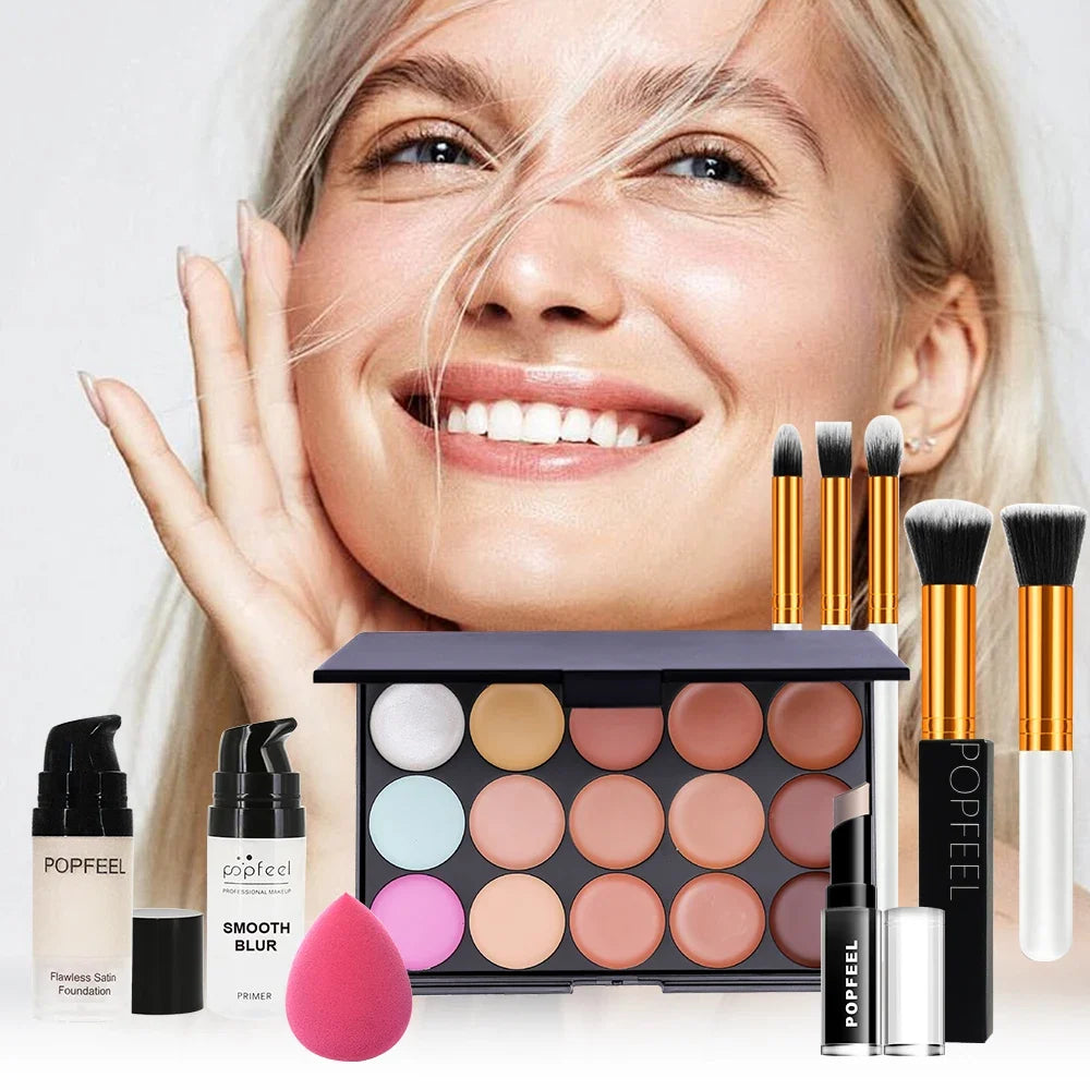 Blushimmer POPFEEL 10-piece face makeup set with foundation, concealer, and brushes for flawless beginner-friendly makeup application.