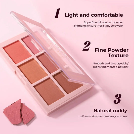Blushimmer long wear blush makeup palette with buildable color, velvet finish face powders for cheeks, contouring, and brightening.