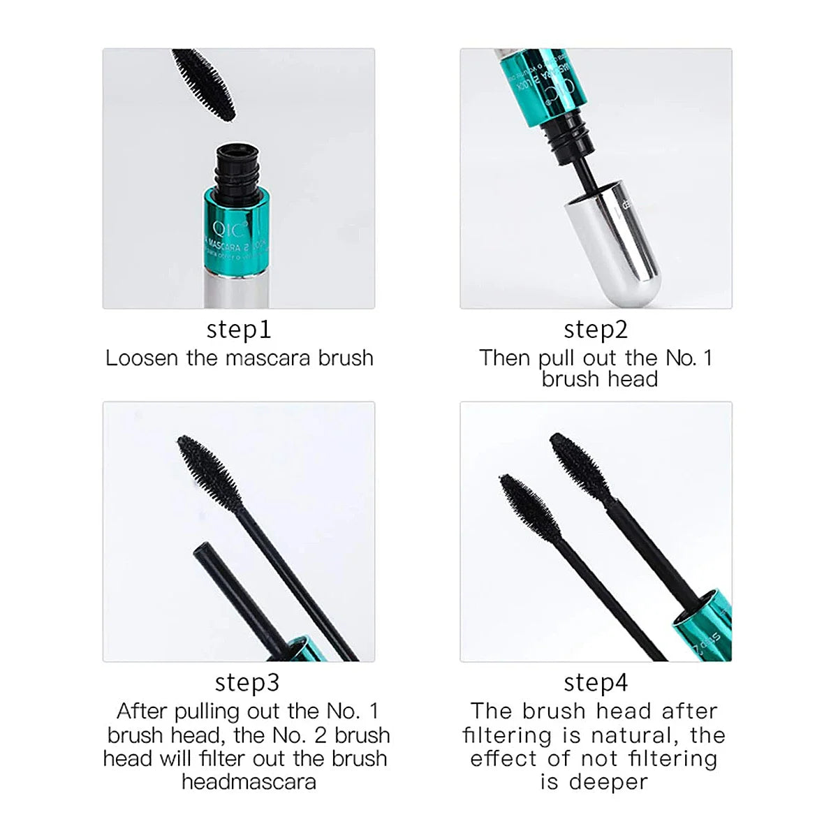 Blushimmer Double In-One Silk Fiber Waterproof Mascara for thick, long black eyelashes and eyelash extensions.