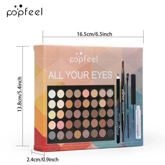 Blushimmer POPFEEL eye makeup set including eyeshadow palette, eyeliner, mascara, eyebrow pencil, and makeup tools in a gift box.