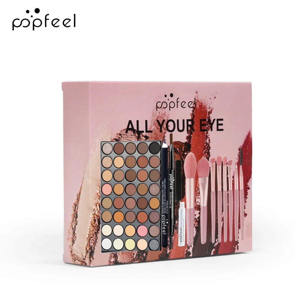Blushimmer POPFEEL eye makeup set with 40-color eyeshadow palette, eyebrow pencil, eyeliner pen, mascara, and makeup brushes.