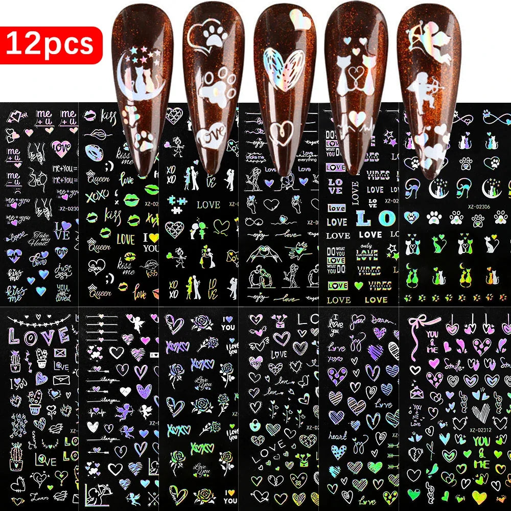 Set of 12 colorful cartoon dog and cat nail art stickers, 3D graffiti style, self-adhesive decals for creative nail designs.