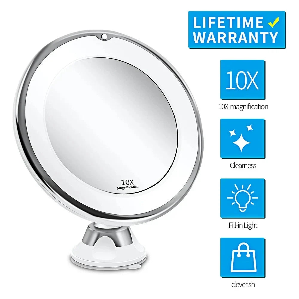 Blushimmer flexible 10x magnifying vanity mirror with LED lights, touch screen, portable design, and bottom sucker for makeup and dressing