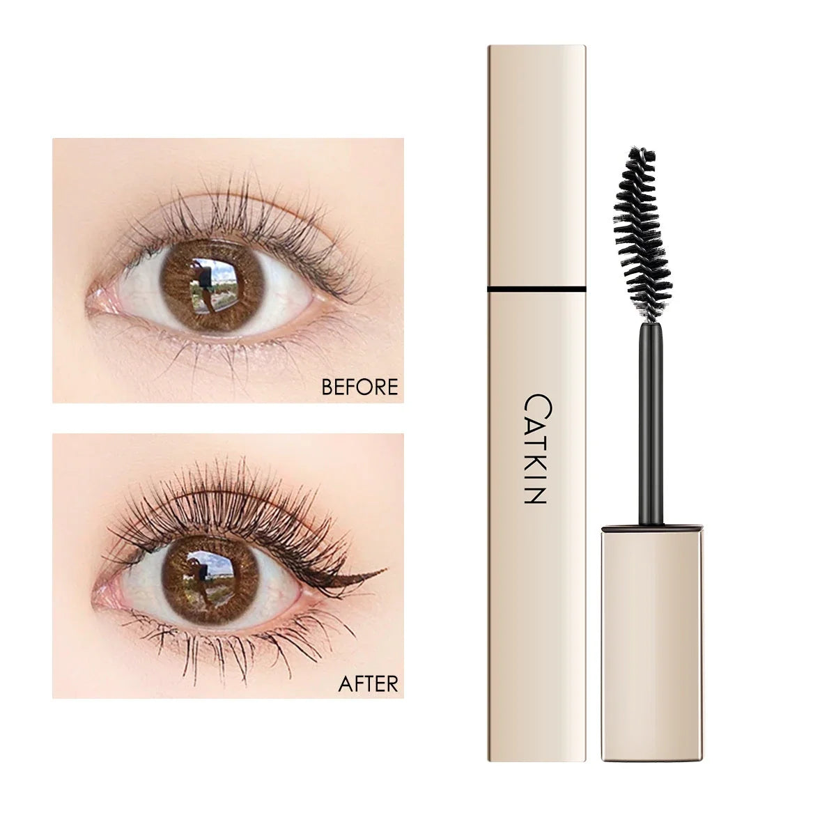 Black waterproof Catkin Mascara by Blushimmer, showing the sleek 7.5g tube with mascara brush and product packaging.