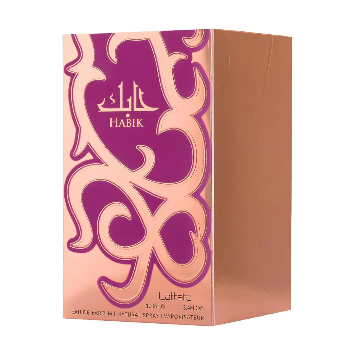 Lattafa Habik Eau de Parfum spray by Blushimmer, featuring floral, fruity, fresh, musky notes in a 3.4 oz bottle.