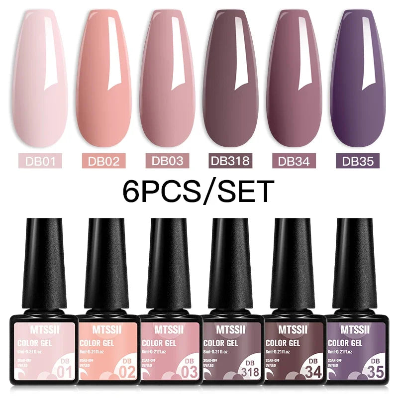 Blushimmer MTSSII 6-piece set of sparkly red gel nail polishes with shiny finish, ideal for LED UV nail art and manicure.