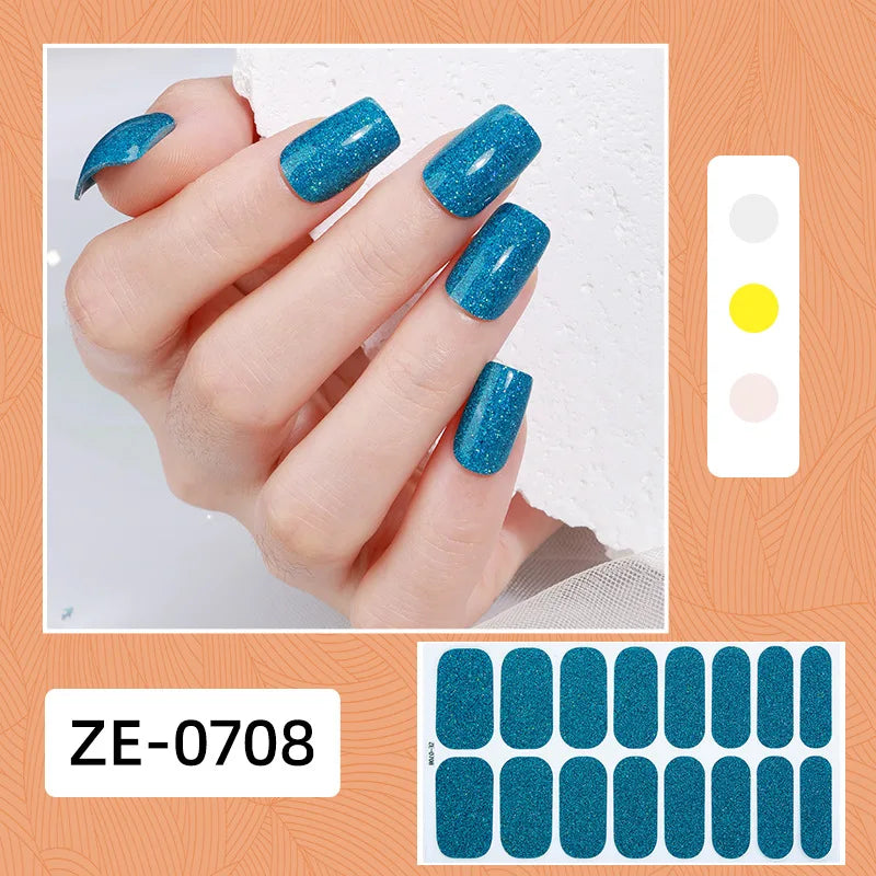 Gradient cat eye style nail art stickers by Blushimmer, 16-piece set of waterproof, glitter false nail decals with self-adhesive design.