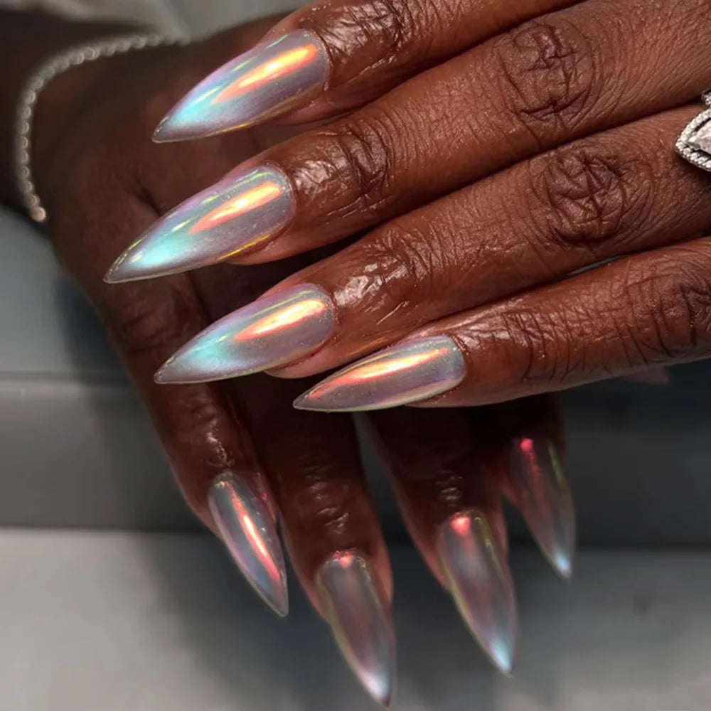 Set of 24 glossy red Cat's Eye press-on nails by Blushimmer, almond shape, full cover nude color, detachable false nails for girls.